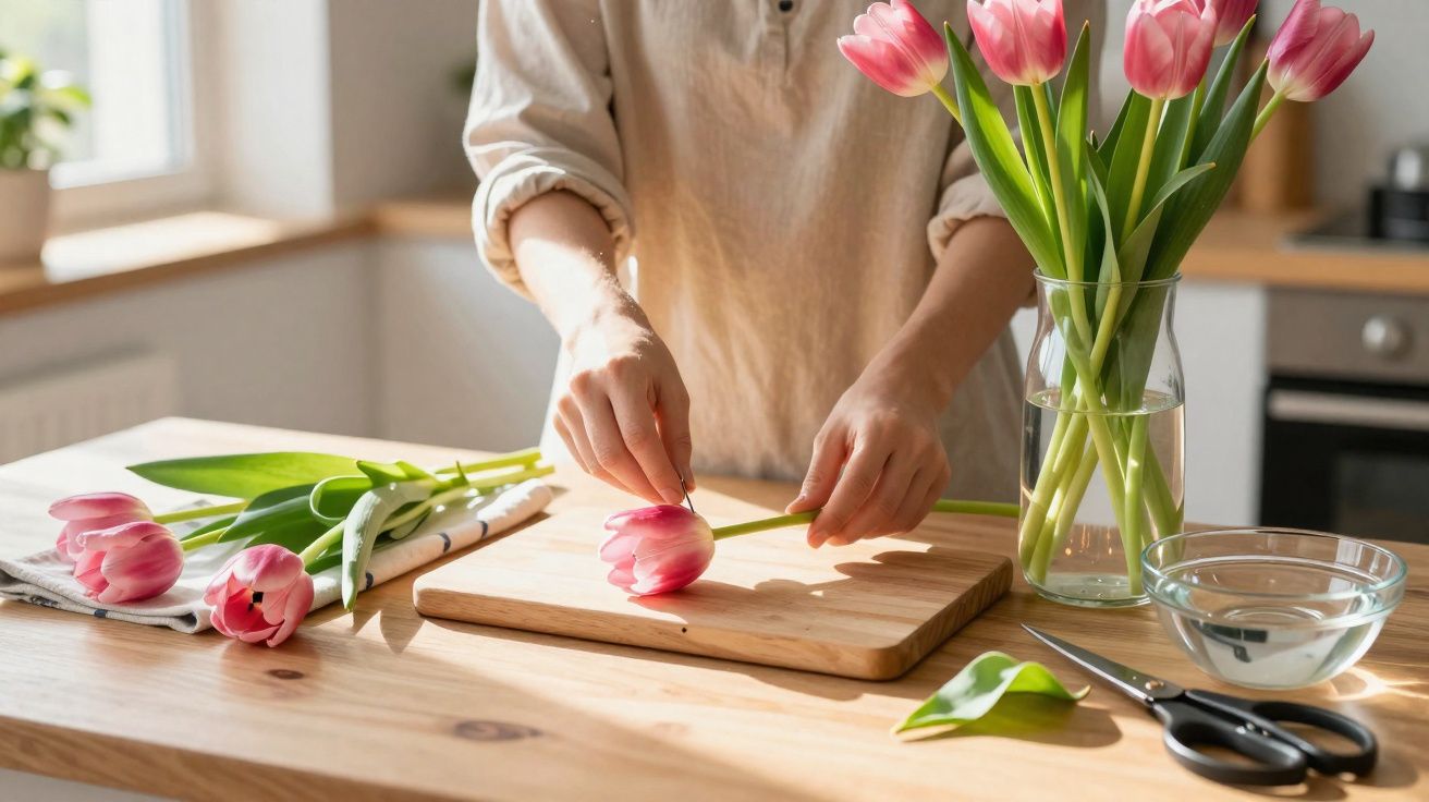 Pessoa arrumando tulipas rosas em vaso sobre mesa de madeira iluminada por luz natural.
