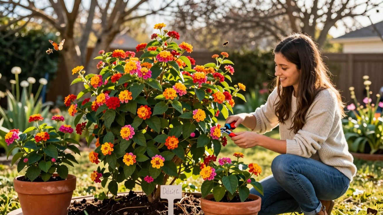 Mulher sorridente cuidando e podando planta florida colorida em jardim externo.