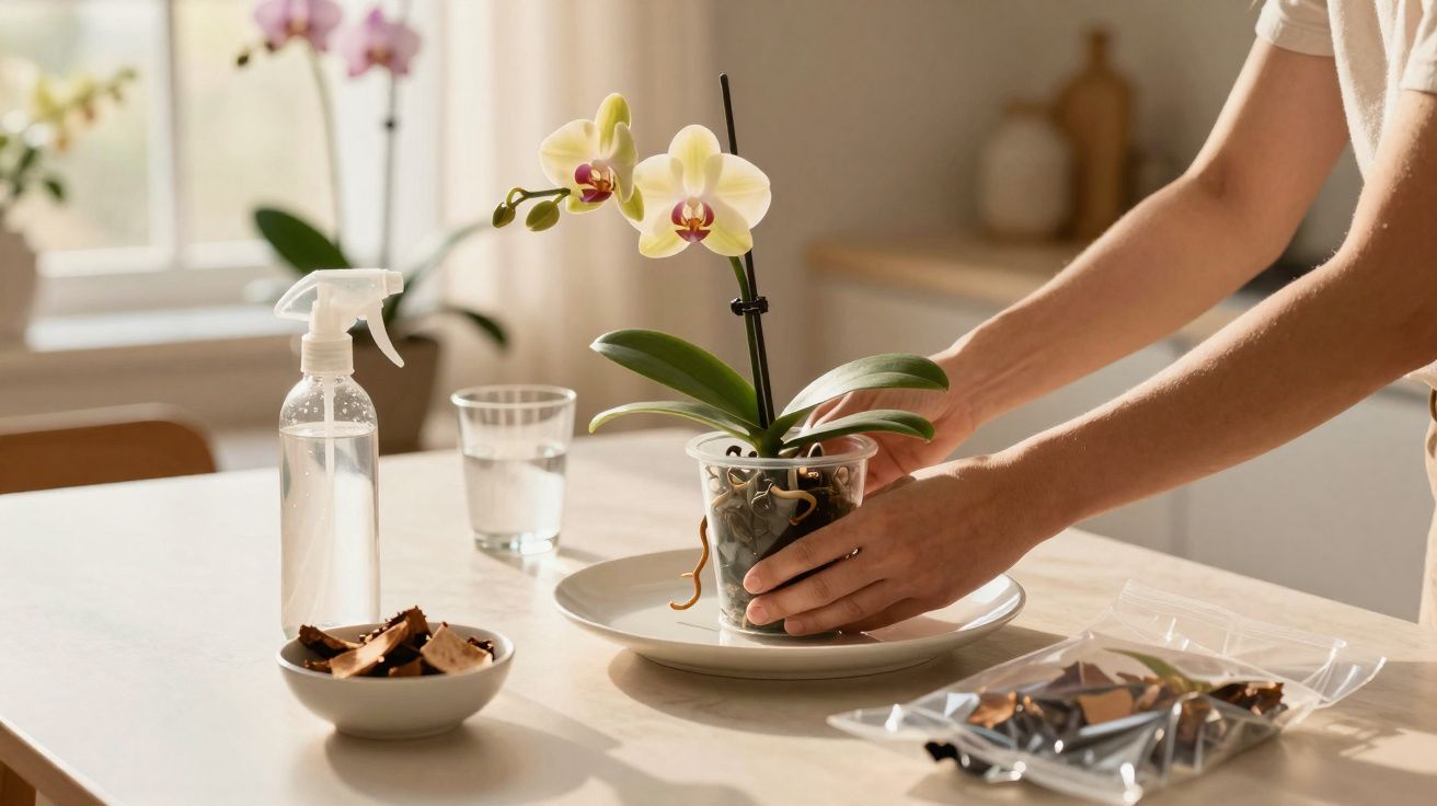 Pessoa cuidando de orquídea amarela em vaso transparente sobre mesa com regador e pedaços de madeira.