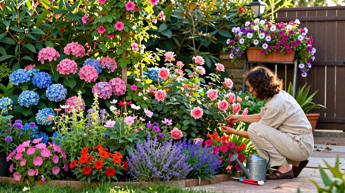 Mulher cuidando de um jardim colorido com rosas, hortênsias, petúnias e outras flores vibrantes.