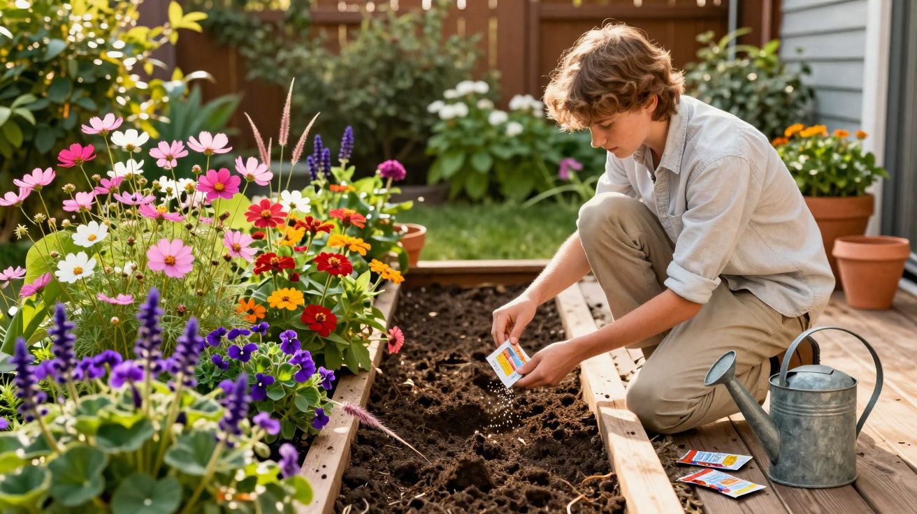 Jovem plantando sementes em canteiro próximo a flores coloridas e regador metálico em área externa.