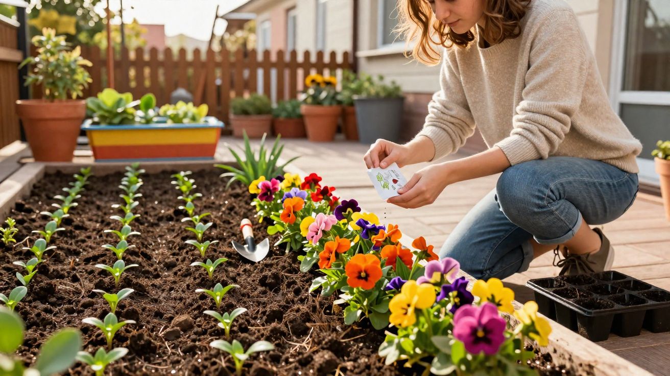 Mulher plantando flores coloridas em canteiro de jardim ao ar livre em dia ensolarado.