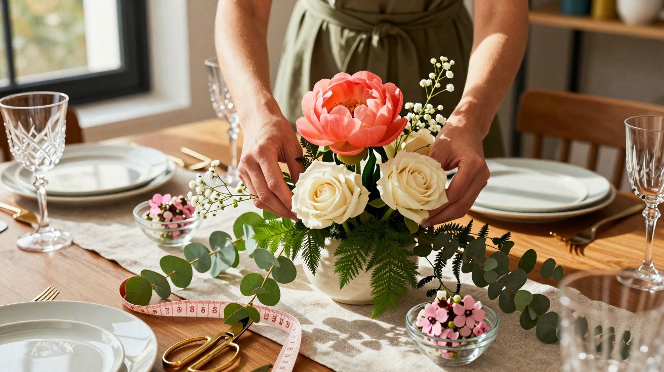 Arranjo floral com flores brancas e rosa sendo colocado em mesa posta com taças, pratos e talheres.