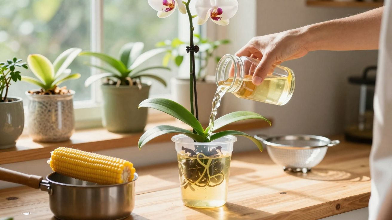 Pessoa regando orquídea plantada em vaso transparente sobre bancada de madeira, milho em panela ao lado.