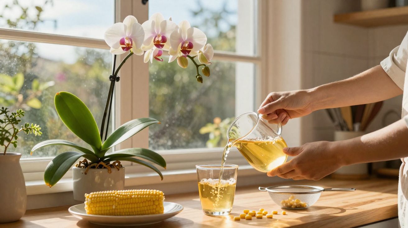 Pessoa servindo chá em copo, com milho cozido e orquídea branca em vaso ao fundo na janela da cozinha.