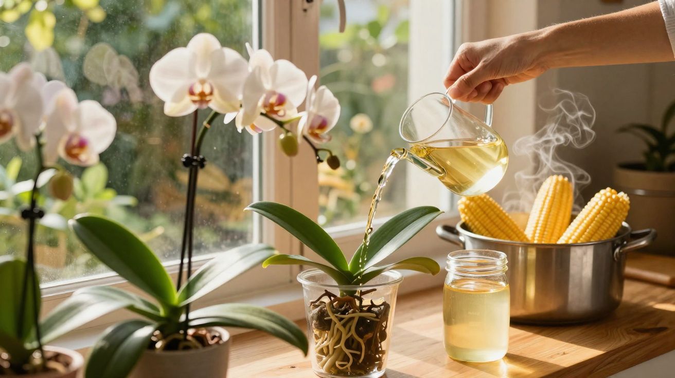 Pessoa regando orquídea branca perto da janela com chaleira de vidro em cozinha iluminada pelo sol.