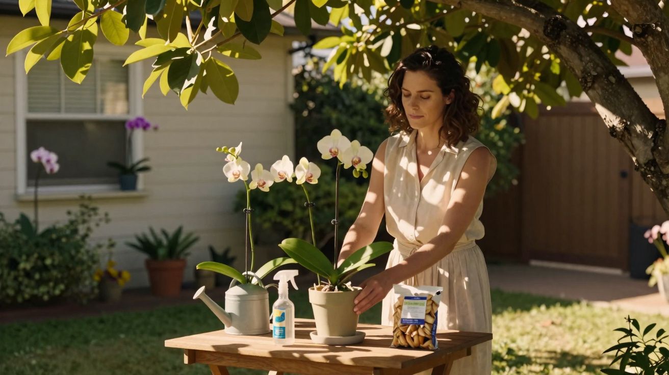 Mulher cuidando de orquídea branca sobre mesa de madeira em jardim ensolarado.