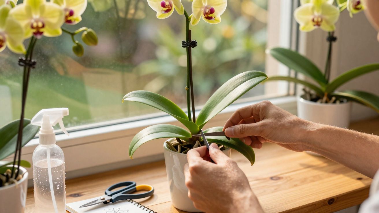 Mãos cuidando de orquídea em vaso branco sobre bancada de madeira próximo a janela ensolarada.