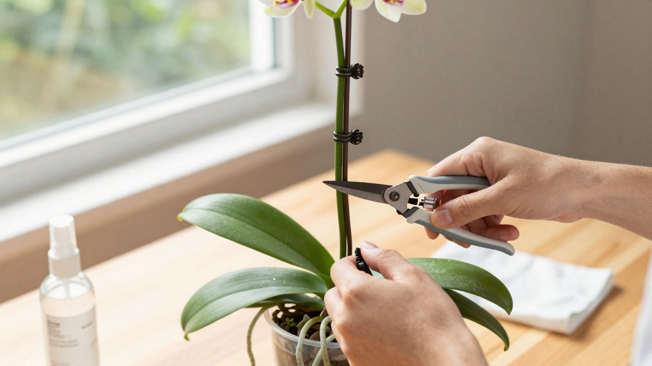 Pessoa podando orquídea branca e amarela com tesoura perto de uma janela em ambiente interno.
