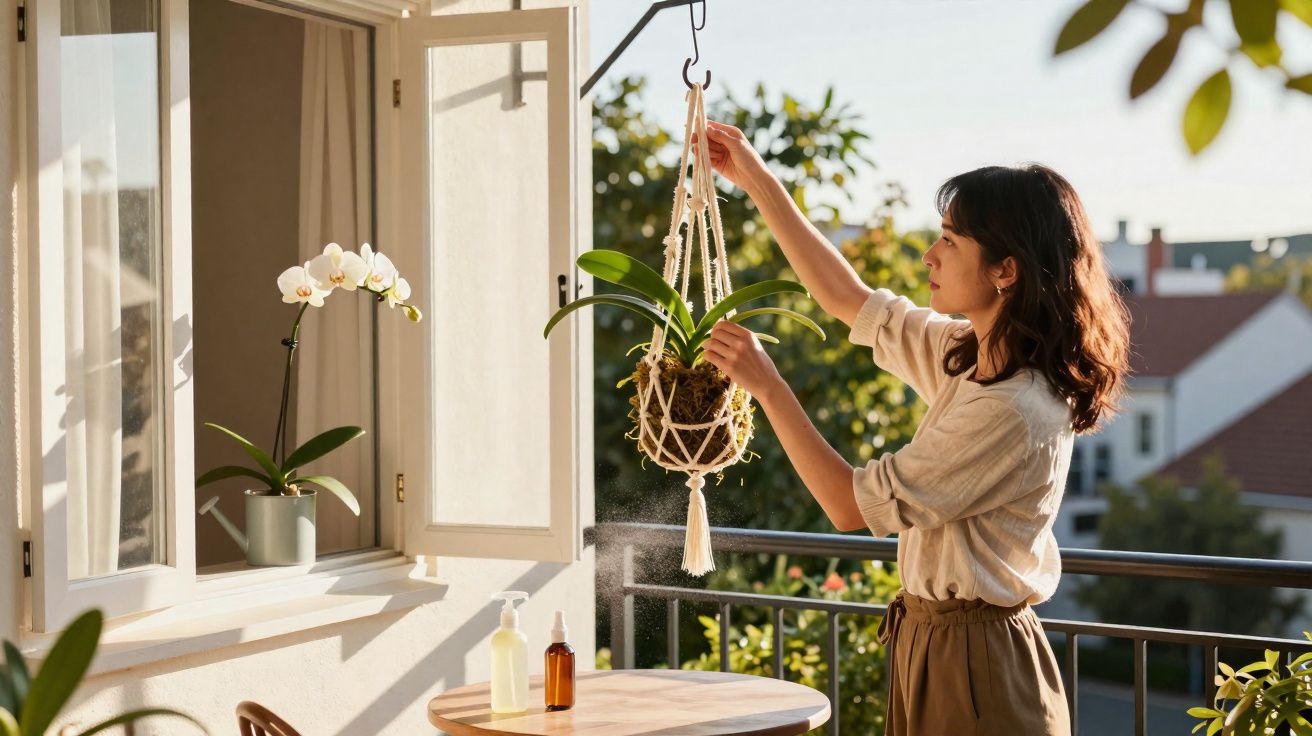 Mulher regando planta pendurada em varanda ensolarada com orquídea na janela ao fundo.