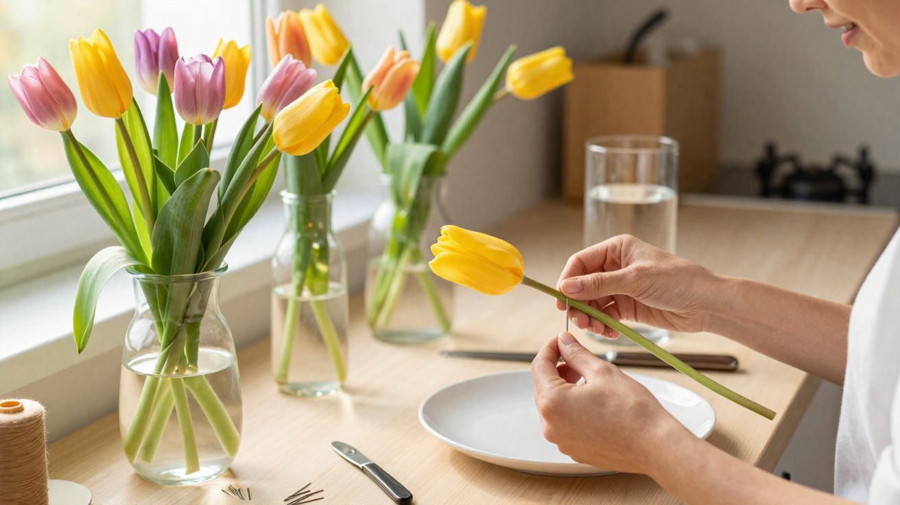 Pessoa organizando tulipas amarelas em vaso sobre bancada de cozinha com vasos ao fundo e utensílios.