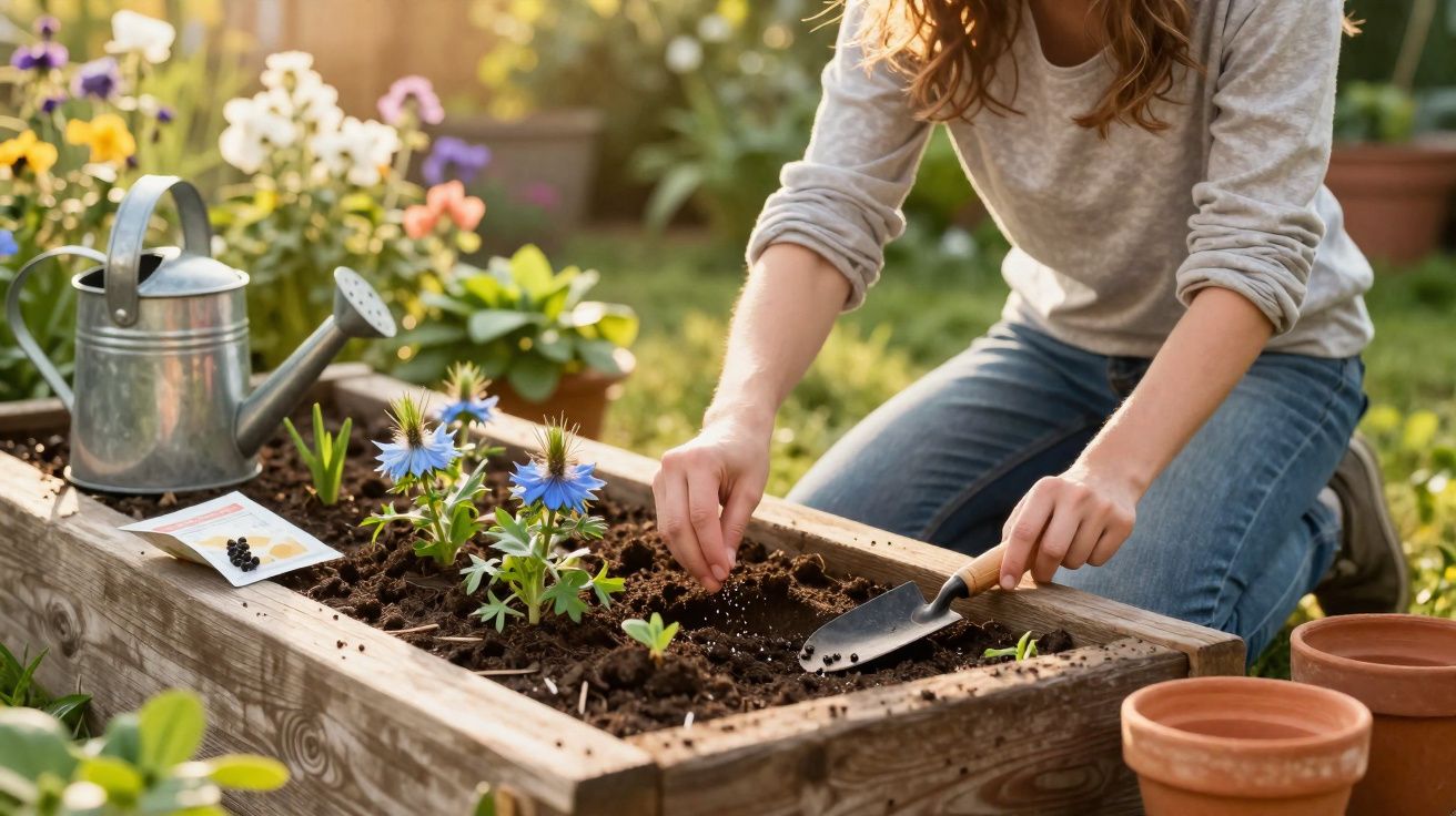 Pessoa plantando mudas em canteiro de madeira com regador e vasos ao redor em jardim ao entardecer.