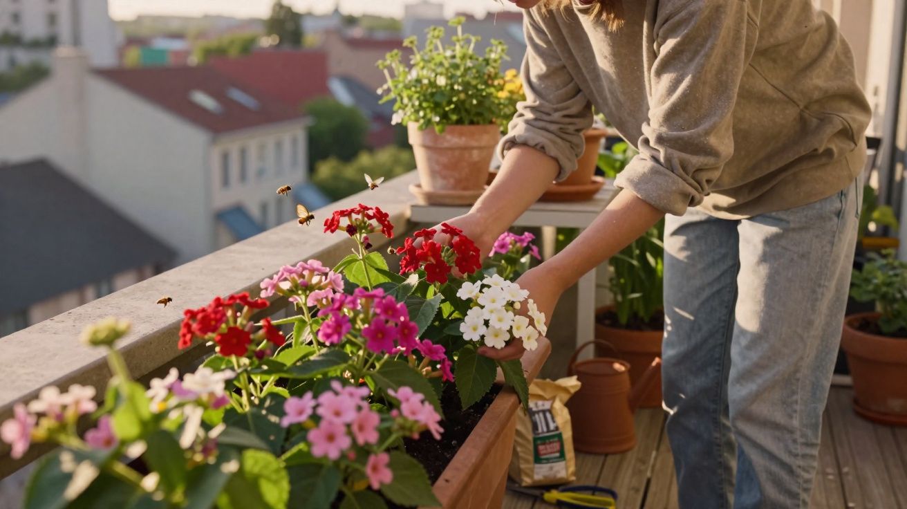 Pessoa cuidando de flores coloridas em vaso na varanda de apartamento ao entardecer.