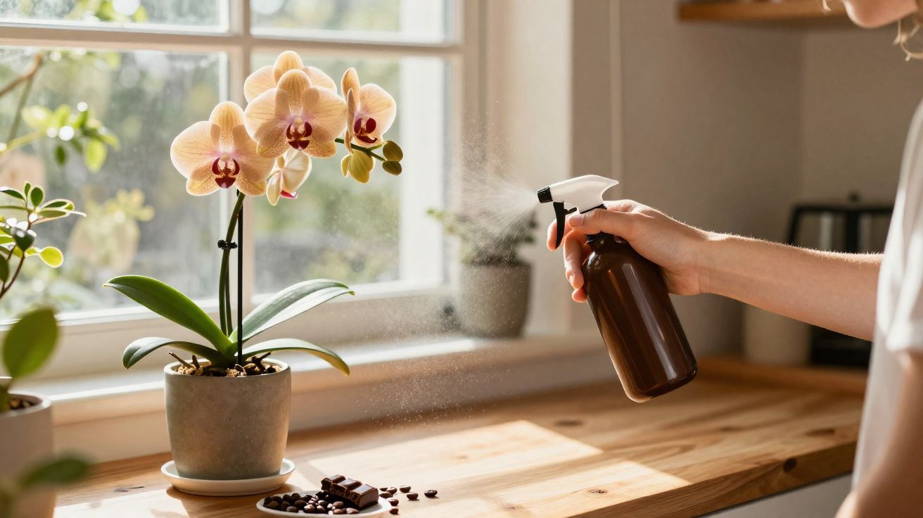 Pessoa borrifando água em orquídea cor de pêssego em vaso próximo à janela em bancada de madeira.