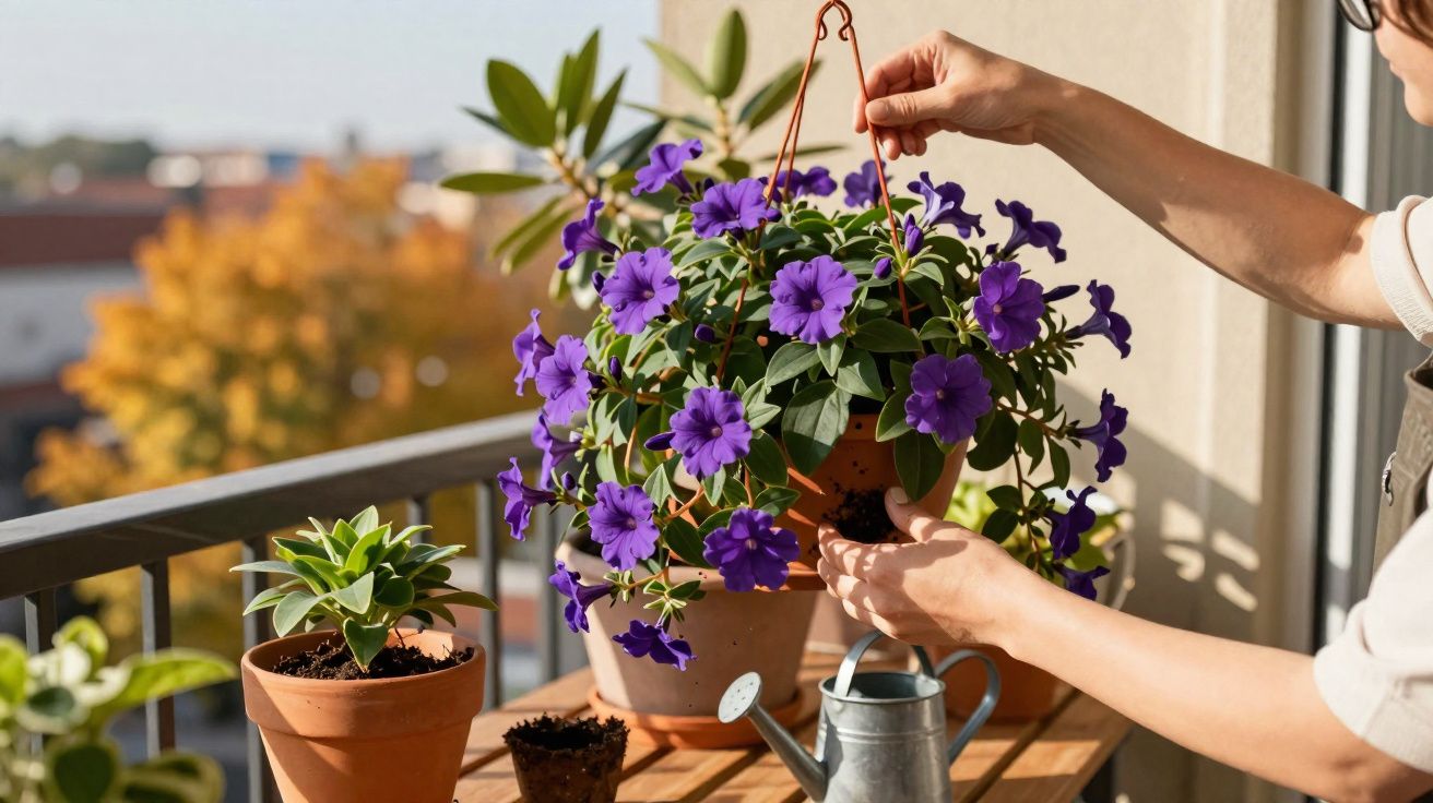 Pessoa cuidando de plantas em vasos na varanda, com flores roxas e regador sobre a mesa de madeira.