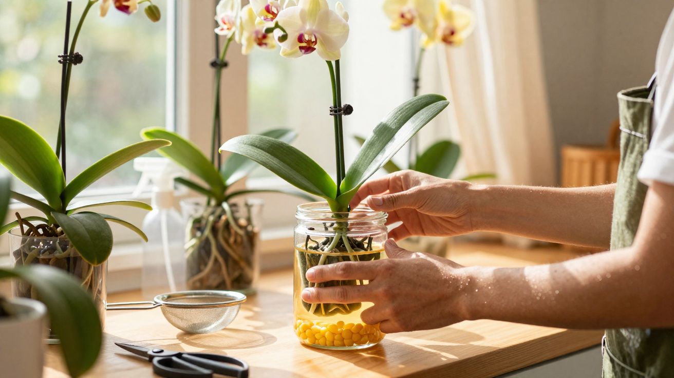 Pessoa cuidando de orquídea em jarro transparente com bolinhas amarelas, próximo a janela iluminada.