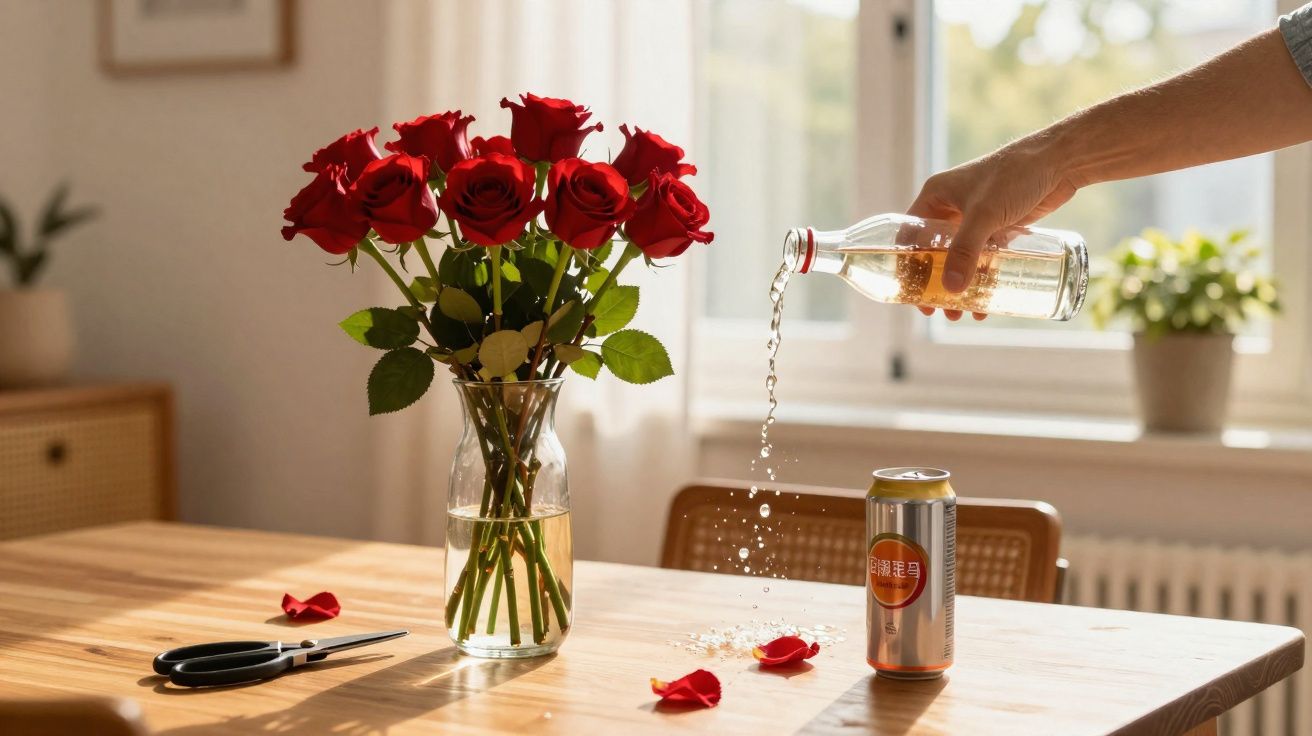 Mão derramando líquido de garrafa sobre lata em mesa com vaso de rosas vermelhas e tesoura.