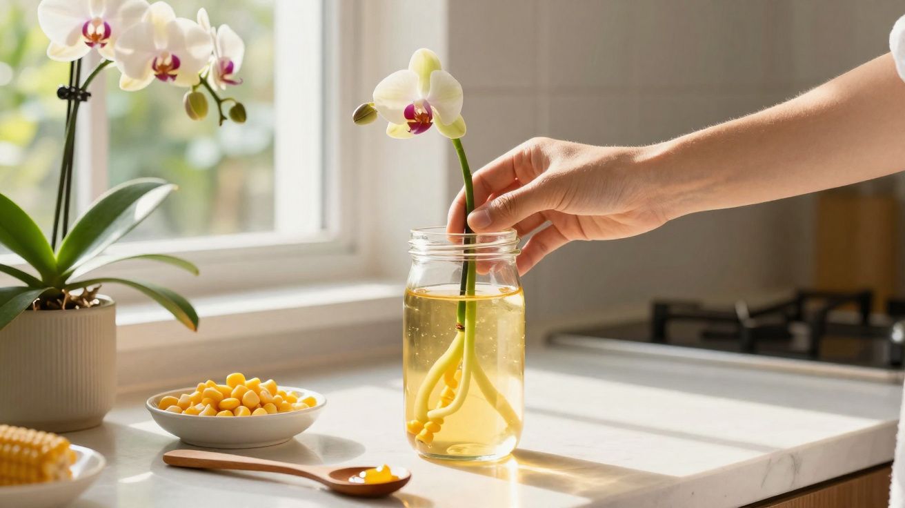 Mão colocando caule de orquídea em jarra com água sobre bancada com luce e pratos com milho.