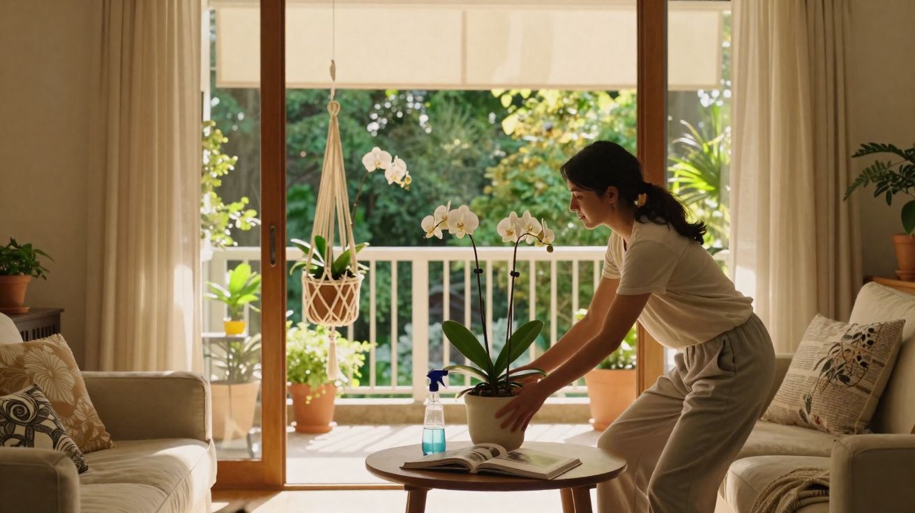 Mulher cuidando de orquídeas em vaso sobre mesa em sala iluminada com varanda e plantas ao fundo.