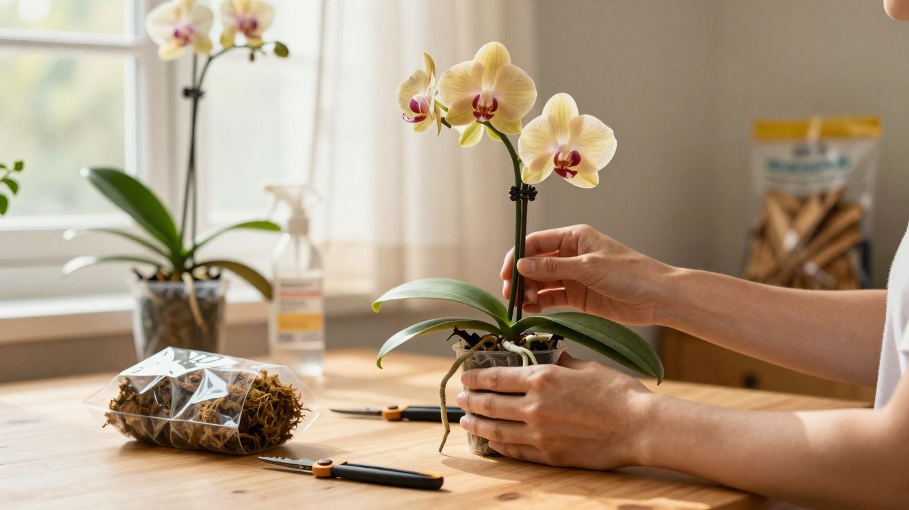 Pessoa cuidando de orquídea amarela dentro de casa sobre mesa de madeira.