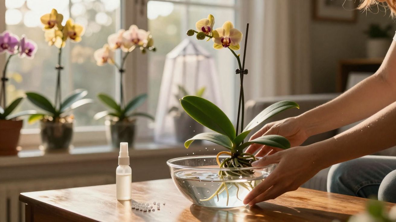 Pessoa mergulhando raízes de orquídea amarela em um recipiente com água, com outras orquídeas ao fundo.