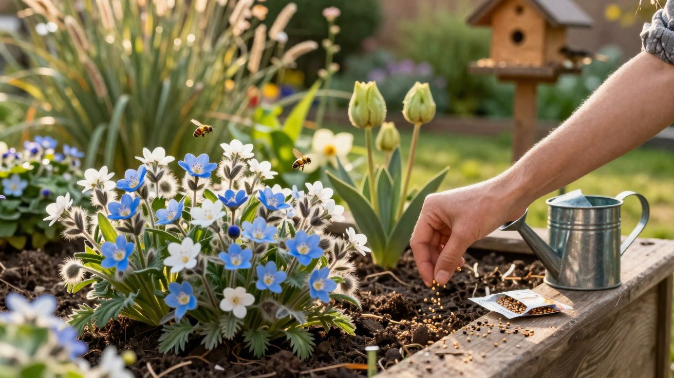 Mão semeando sementes em canteiro com flores azuis e brancas, regador de metal e joaninhas voando.