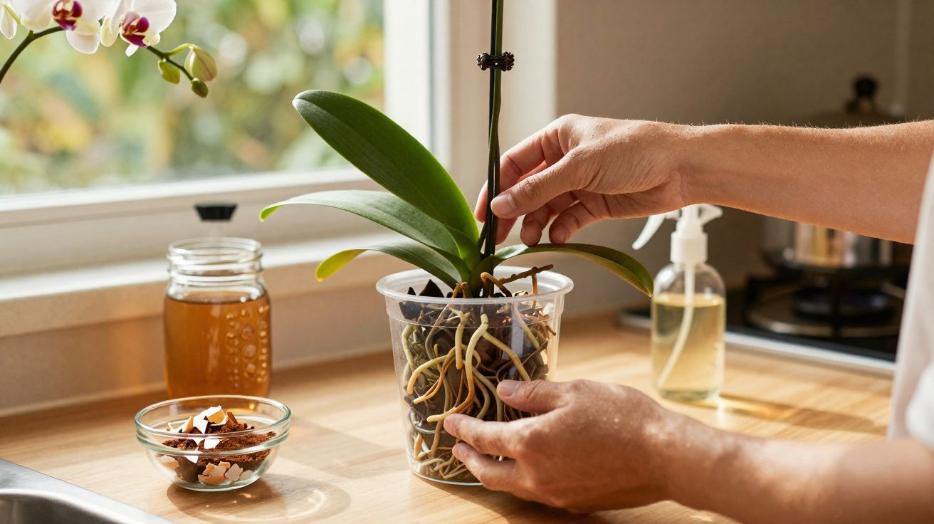 Mãos cuidando de orquídea em vaso transparente sobre bancada com pote de mel e cascas de ovos.