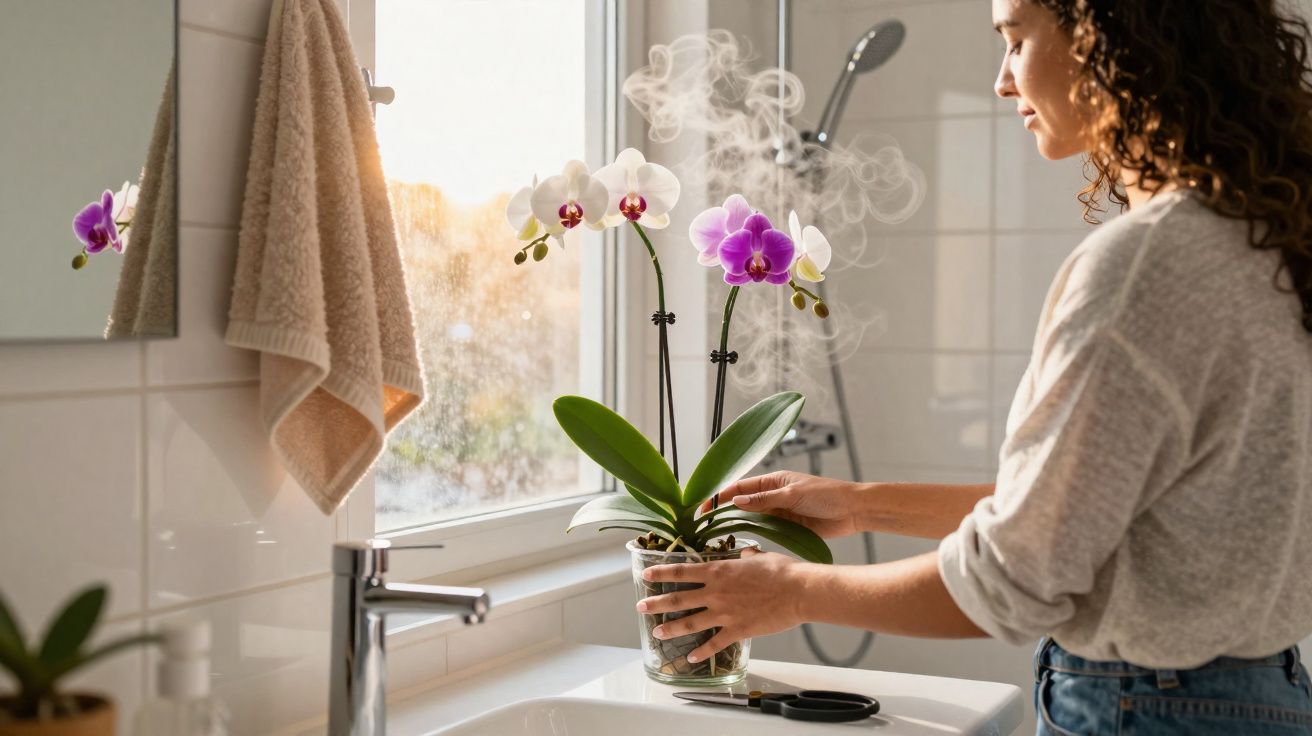Mulher cuidando de orquídeas em vaso no banheiro com luz natural e vapor no fundo.