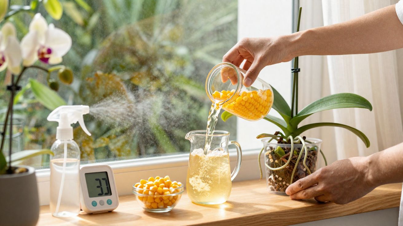 Mãos despejando líquido amarelo em jarra, perto de orquídeas, pulverizador e medidor digital na janela.