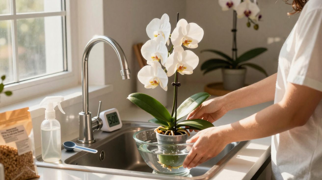 Pessoa segurando um vaso com orquídea branca sobre pia de cozinha, junto a borrifador e pacote de sementes.