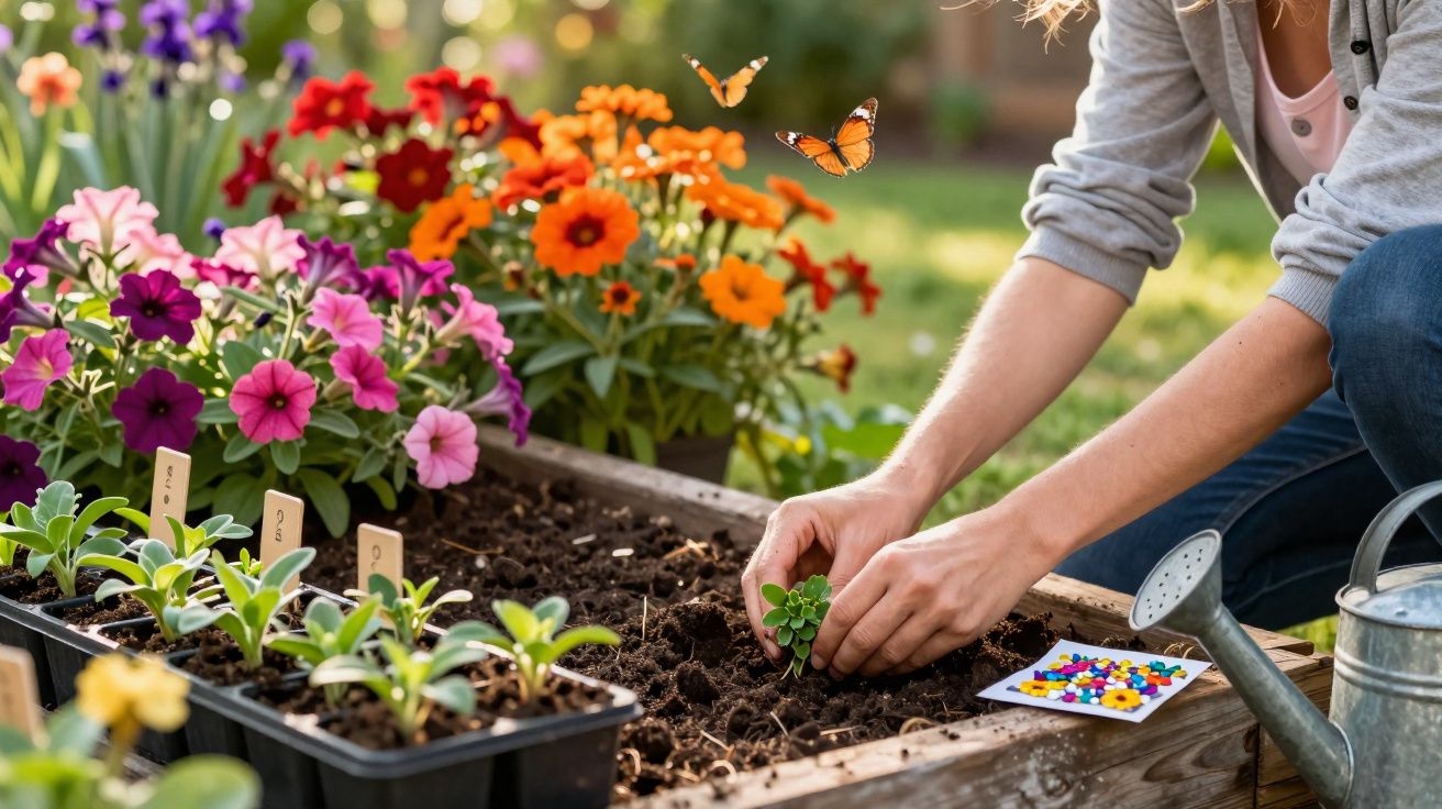 Pessoa plantando mudas em jardim com flores coloridas e borboletas ao fundo durante o dia.