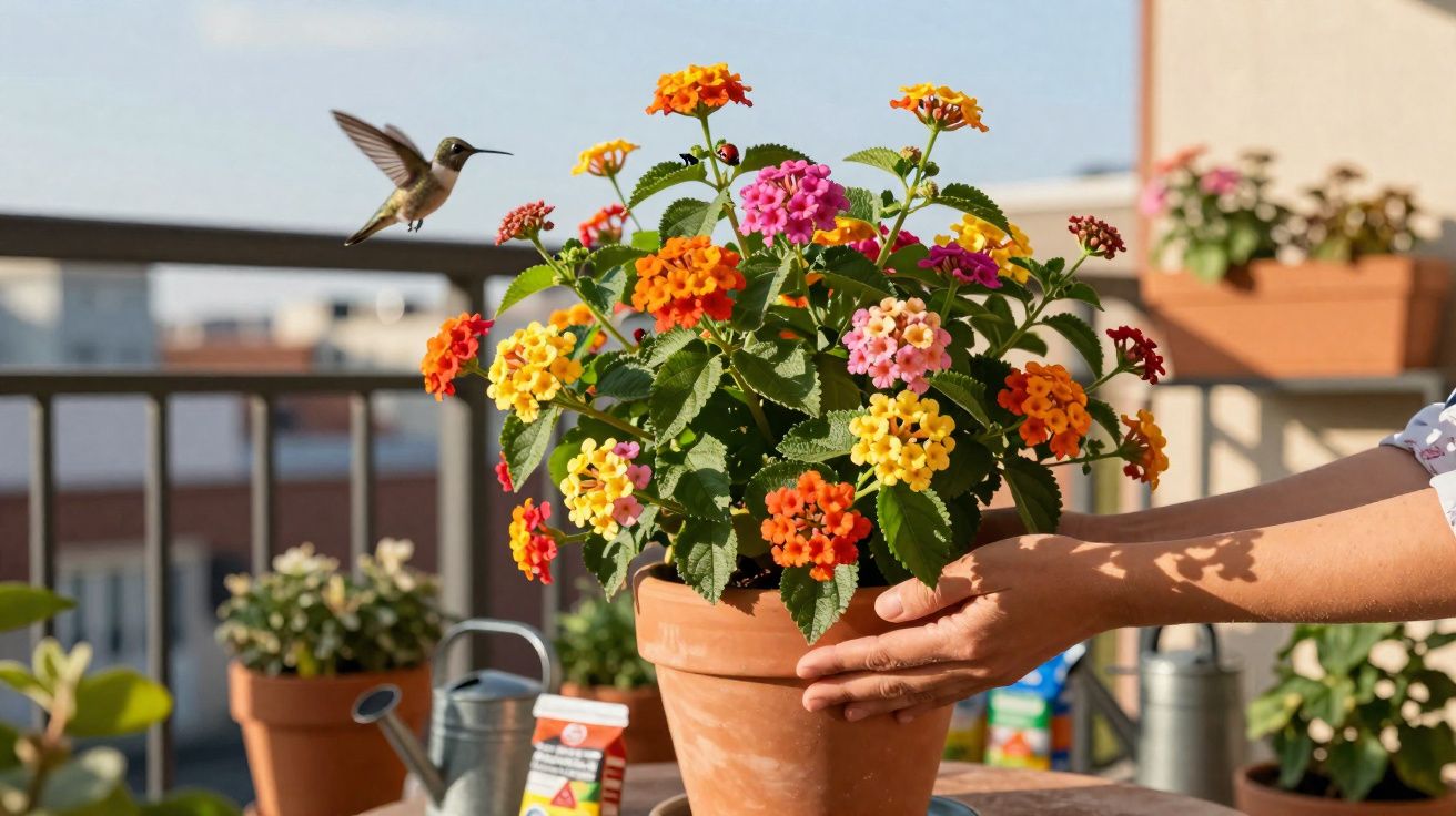 Mão segurando vaso de terra com flores coloridas enquanto beija-flor voa próximo no jardim.