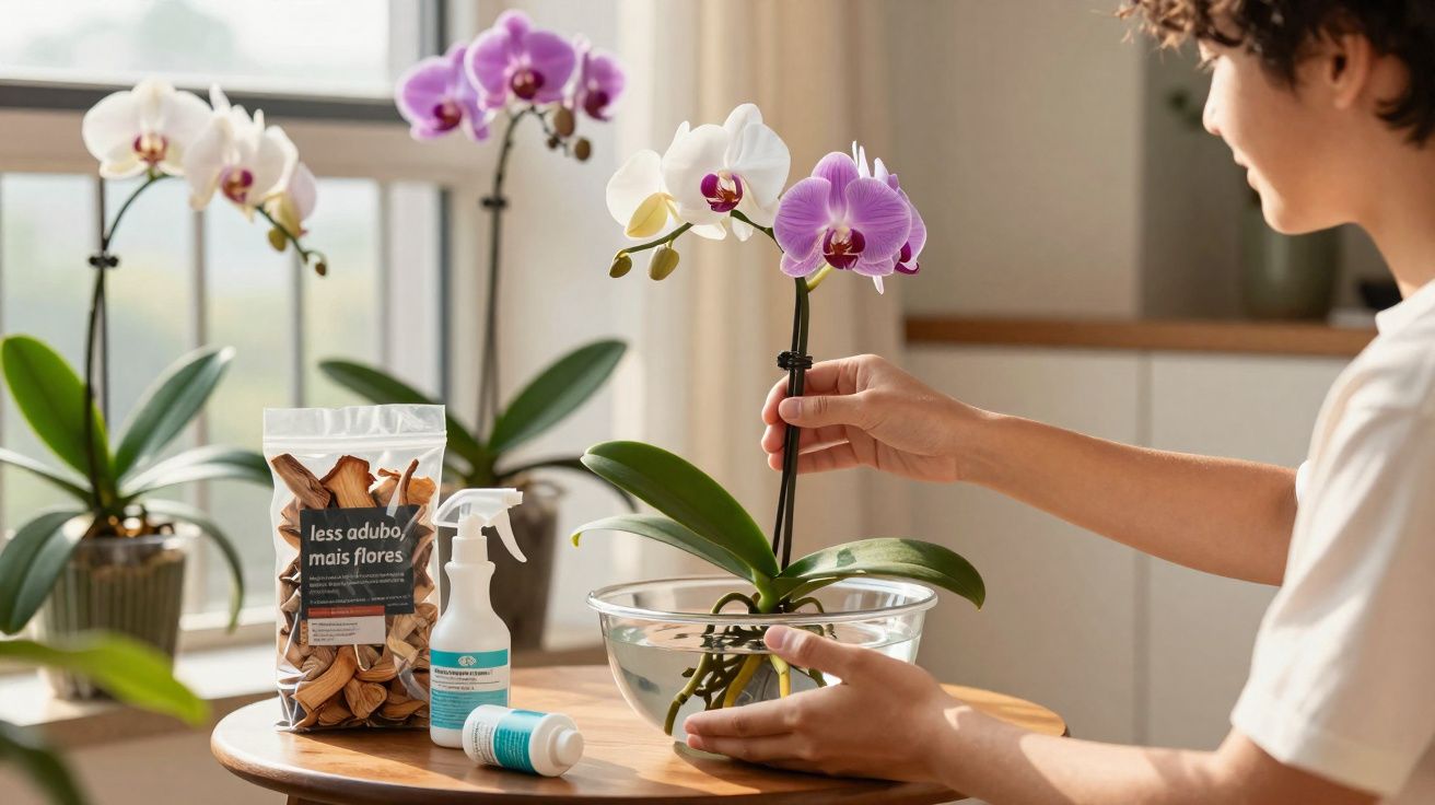 Pessoa cuidando de orquídea em vaso transparente com produtos de adubo ao lado em mesa.