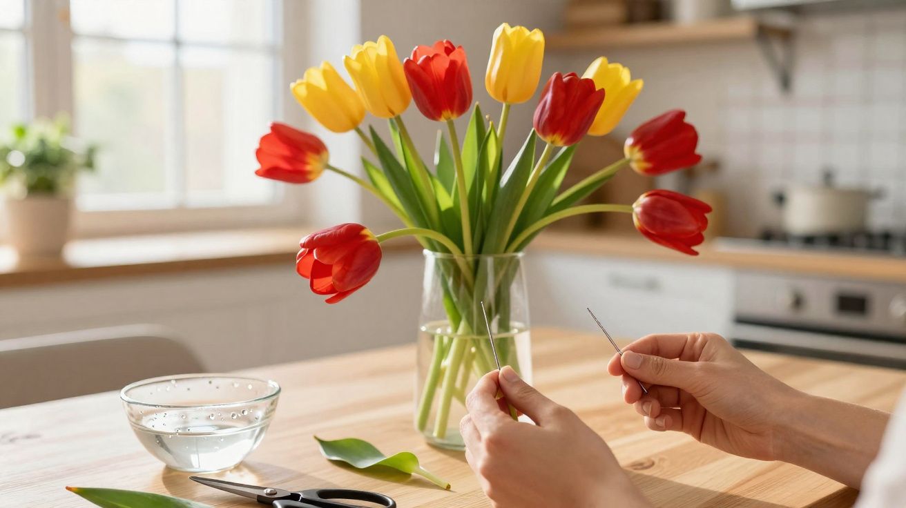 Mãos segurando agulhas perto de vaso com tulipas vermelhas e amarelas sobre mesa de madeira em cozinha.