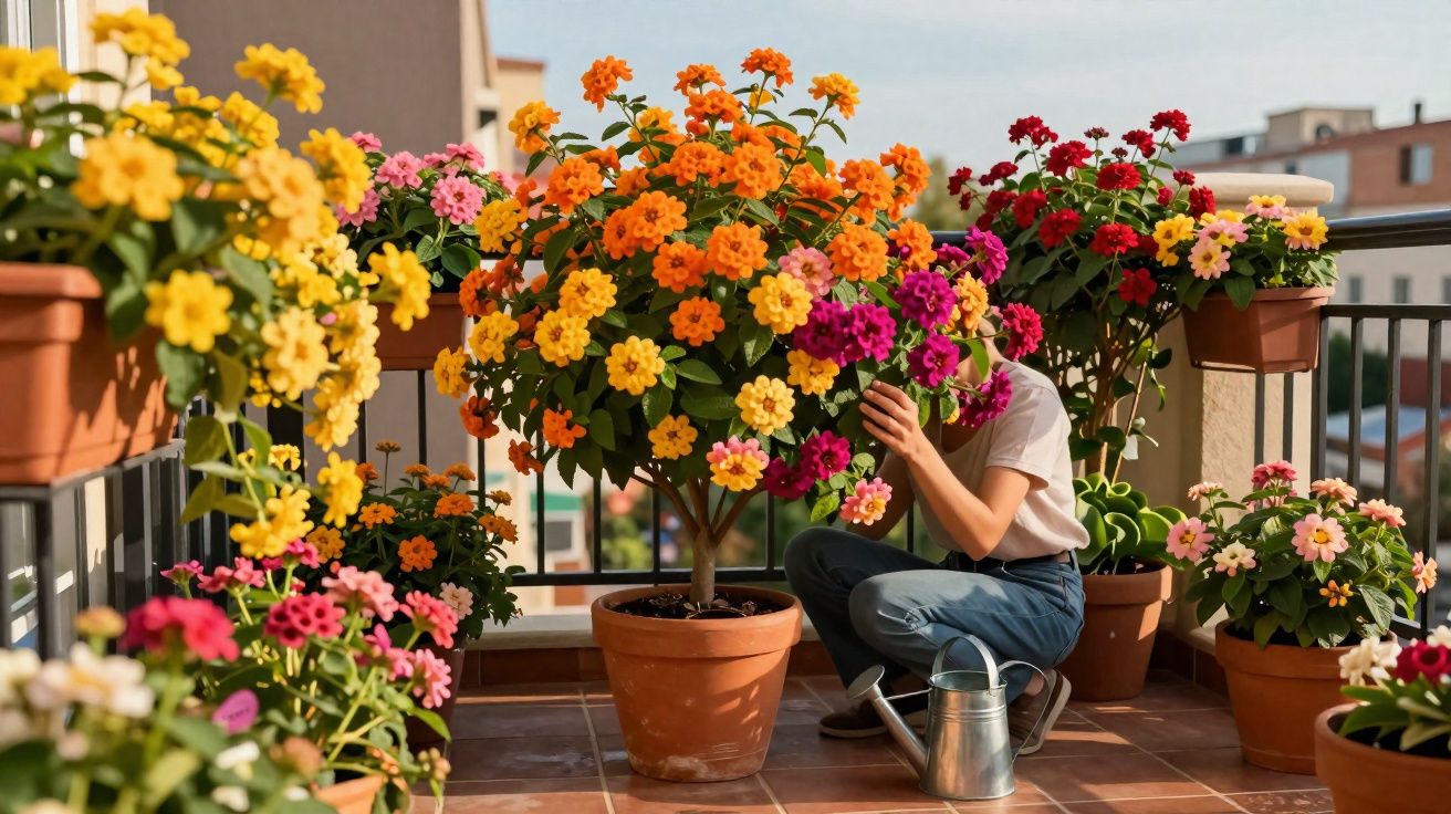 Pessoa cuidando de plantas coloridas em vasos na varanda ensolarada de casa.