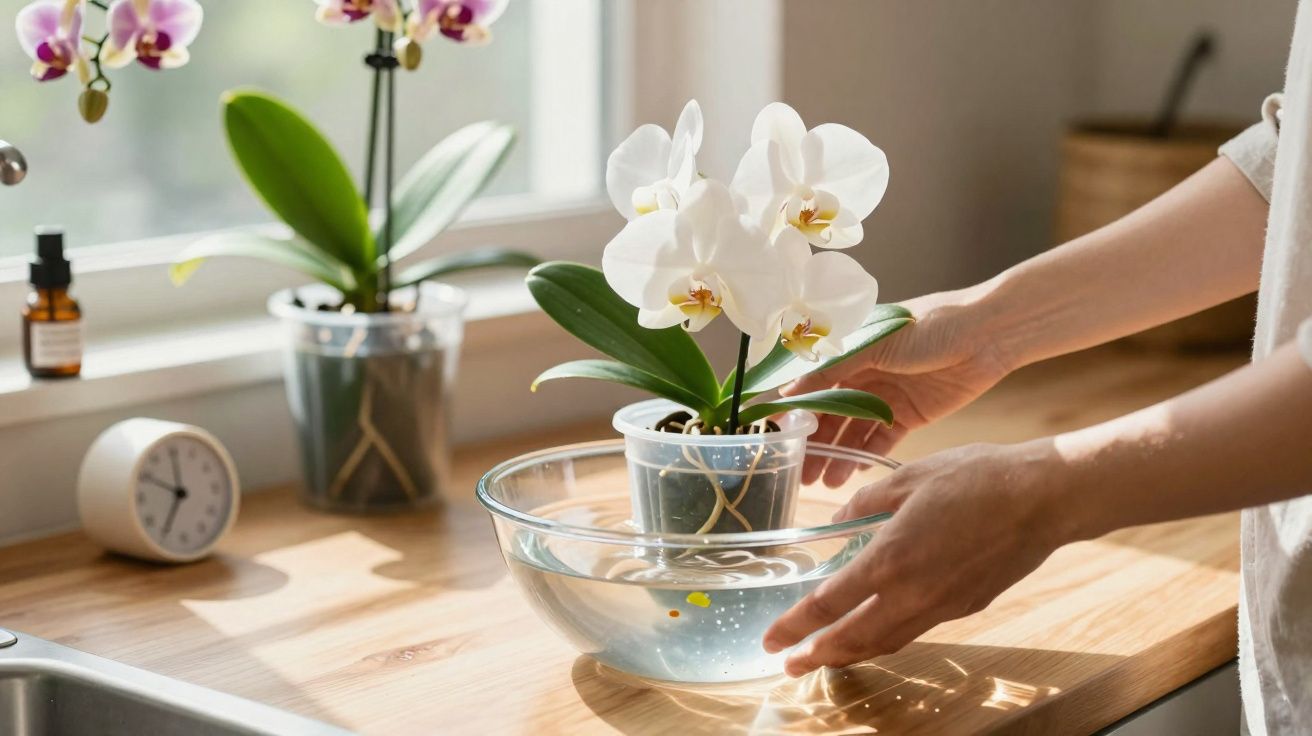 Pessoa regando orquídea branca em vaso sobre tigela com água em bancada de cozinha iluminada.