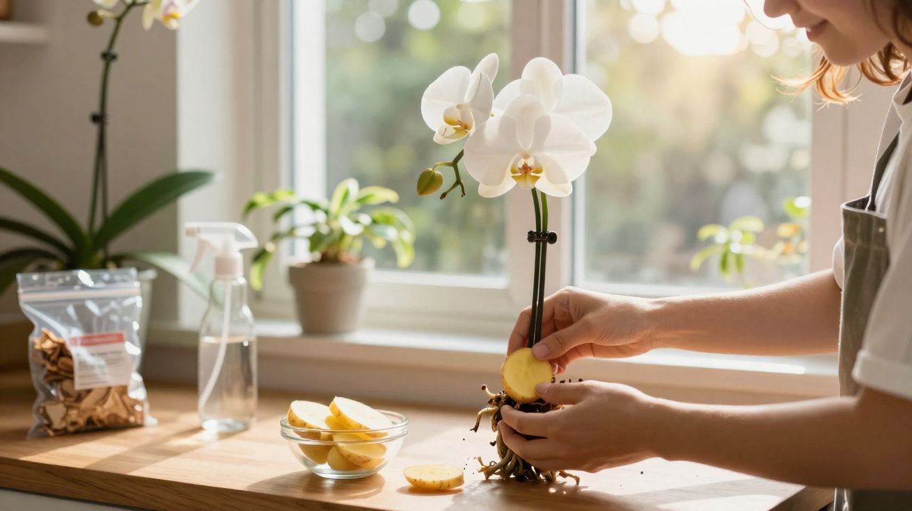 Pessoa cuidando de orquídea branca em vaso, enchendo raízes com fatias de batata na beira da janela.