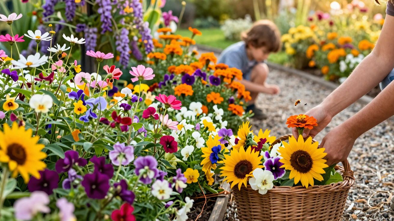 Criança brinca no jardim florido enquanto adulto colhe flores variadas em cesta de vime.