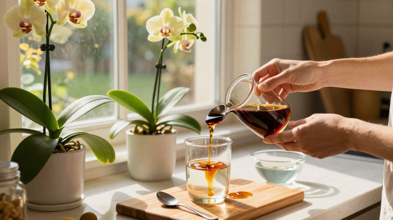 Mãos servindo café em copo de vidro em bancada de cozinha iluminada, com orquídeas ao fundo.