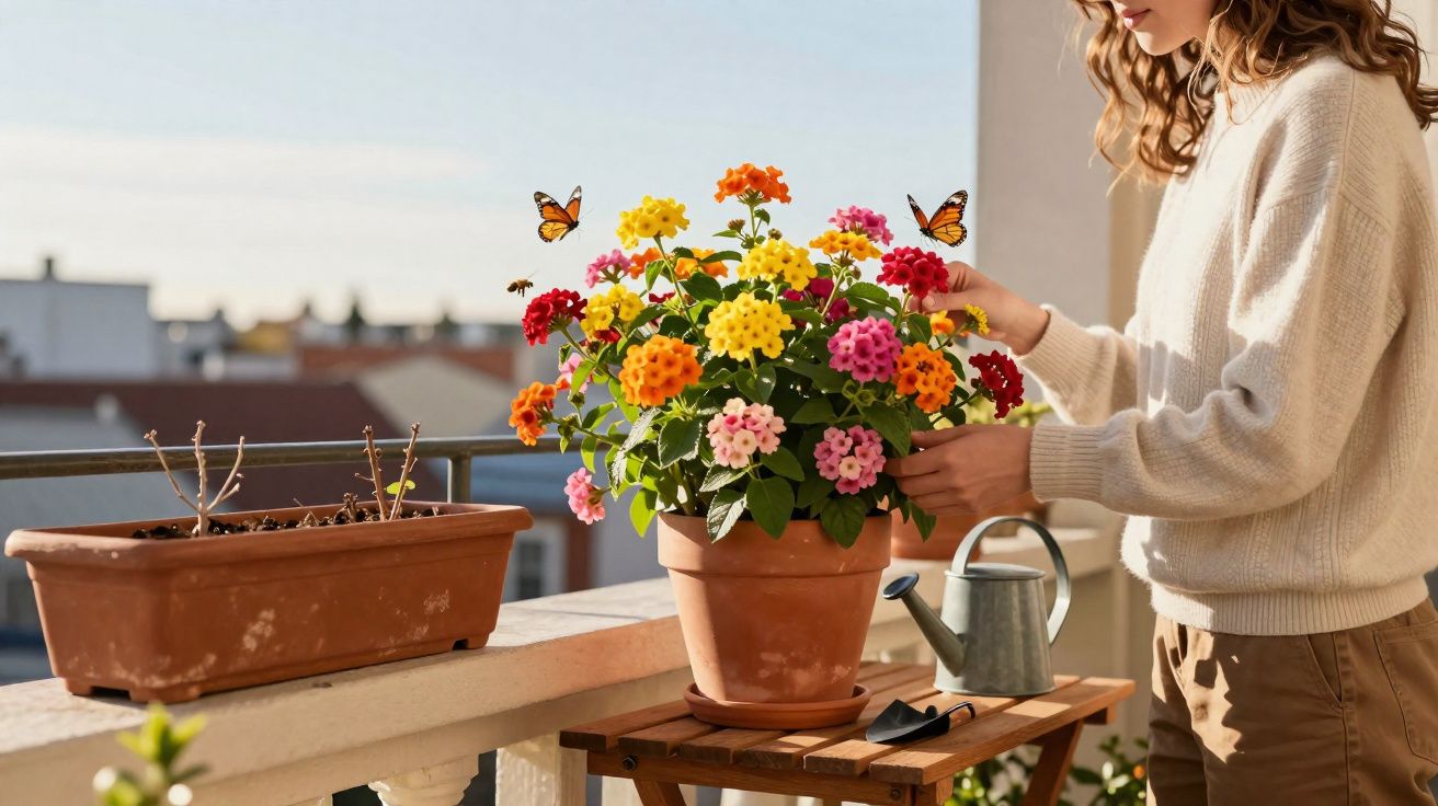 Mulher cuidando de flores coloridas em vaso de barro com borboletas em varanda ensolarada.