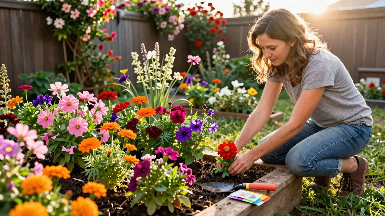 Mulher plantando flores coloridas em canteiro de jardim em dia ensolarado.