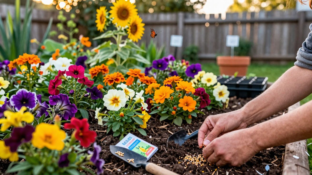 Pessoa plantando sementes em canteiro com flores coloridas em jardim ensolarado.