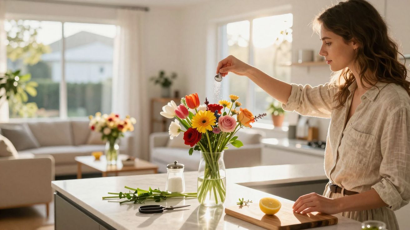Mulher regando flores coloridas em vaso transparente na cozinha iluminada durante o dia.