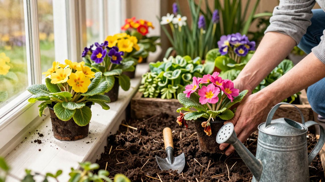 Pessoa transplantando flores coloridas no jardim interno com regador e pequena pá de jardinagem.