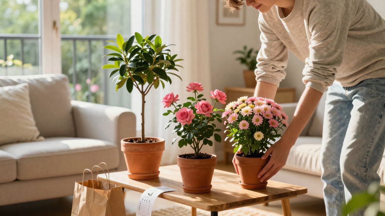 Pessoa arrumando vaso com flores cor-de-rosa em mesa de madeira em sala iluminada e aconchegante.