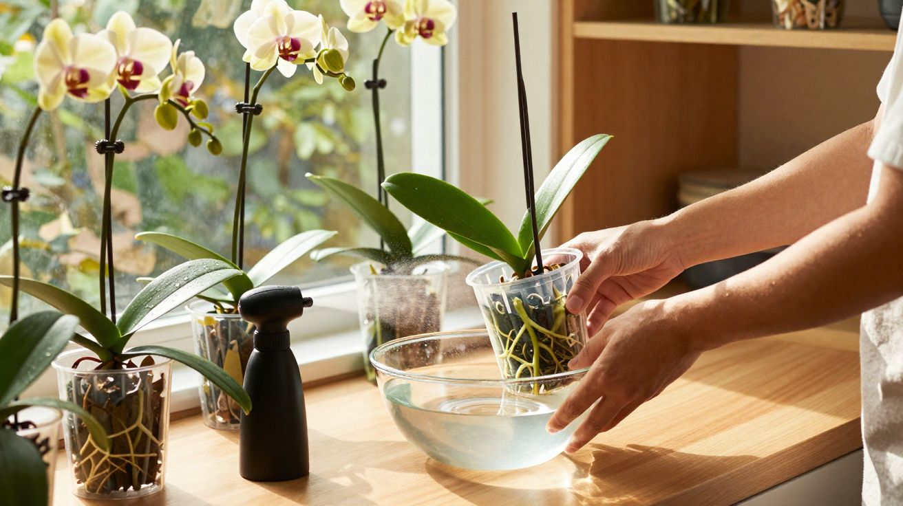 Pessoa cuidando de orquídeas em vasos transparentes próximo a janela com borrifador preto ao lado.