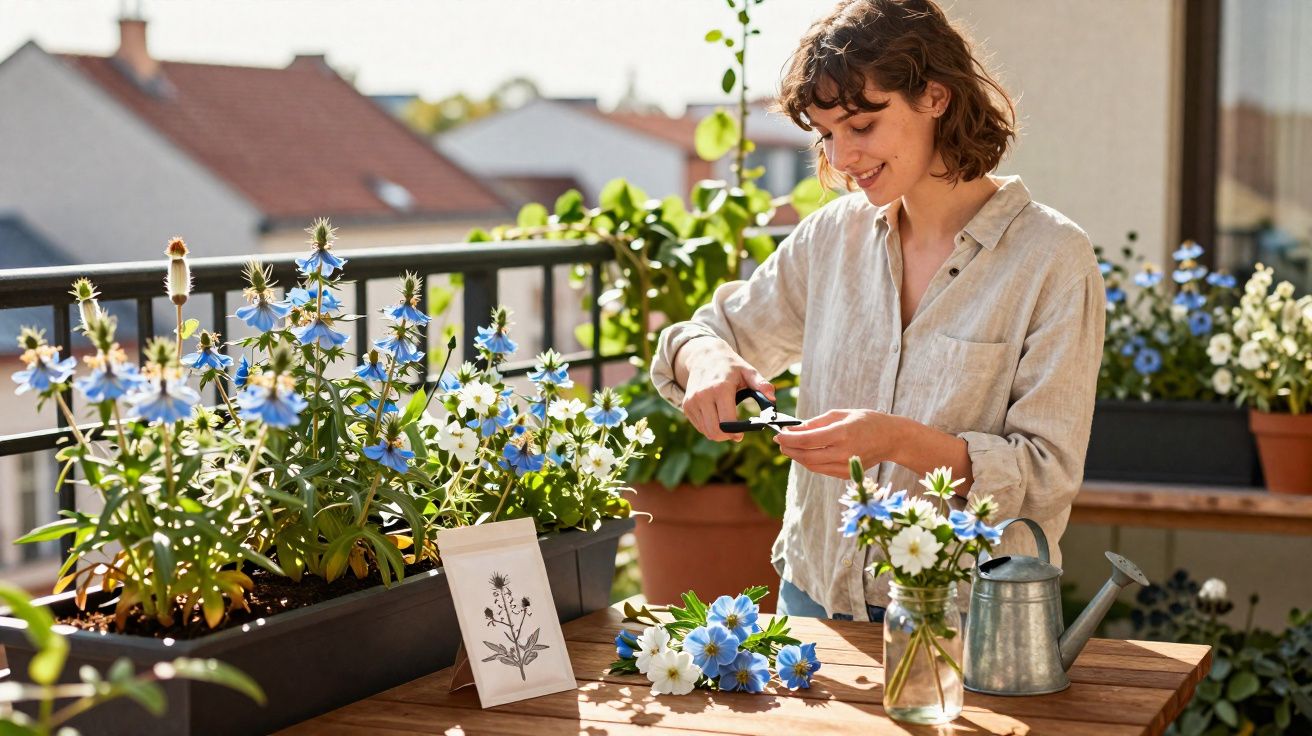 Mulher cuidando de flores azuis e brancas em varanda ensolarada com regador e tesoura de jardinagem.