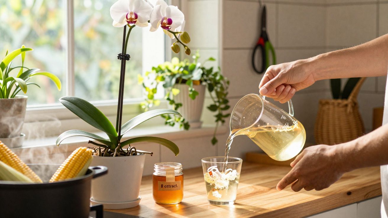 Pessoa derramando chá em copo na cozinha com orquídea branca e pote de mel na bancada iluminada pela janela