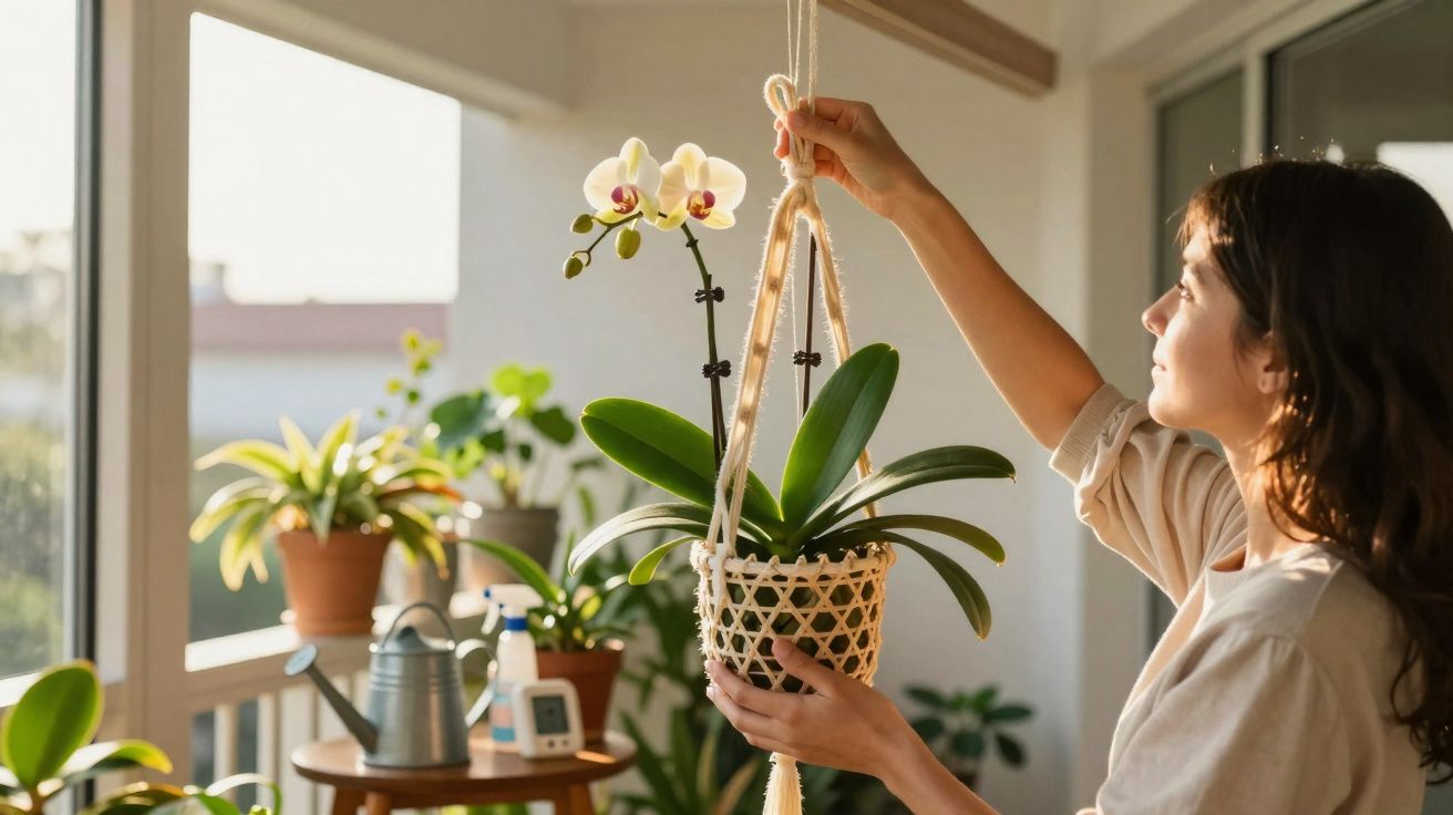 Mulher ajustando vaso pendurado com orquídea em varanda ensolarada cheia de plantas.