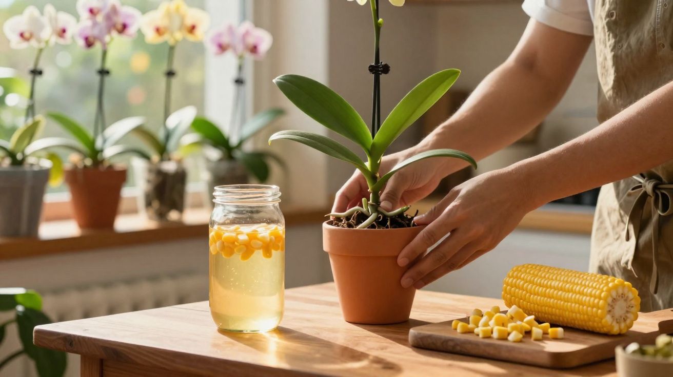 Pessoa cuidando de orquídea em vaso, com vidro e milho cortado sobre mesa de madeira.